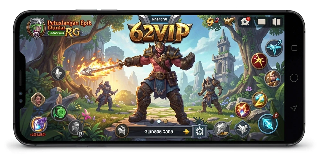 Screenshot utama 62VIP menampilkan karakter dalam pertempuran seru di dunia RPG.