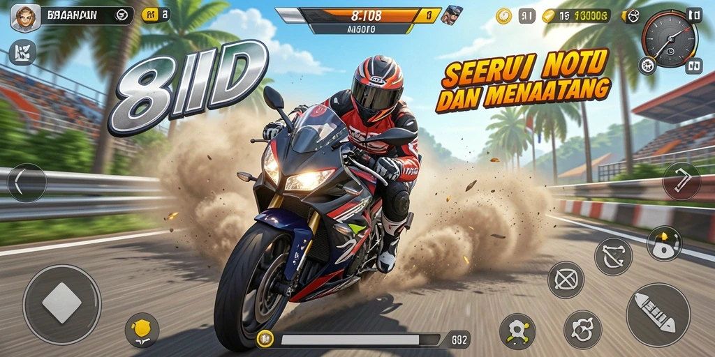 Tampilan gameplay 8ID yang mendebarkan saat balapan motor.