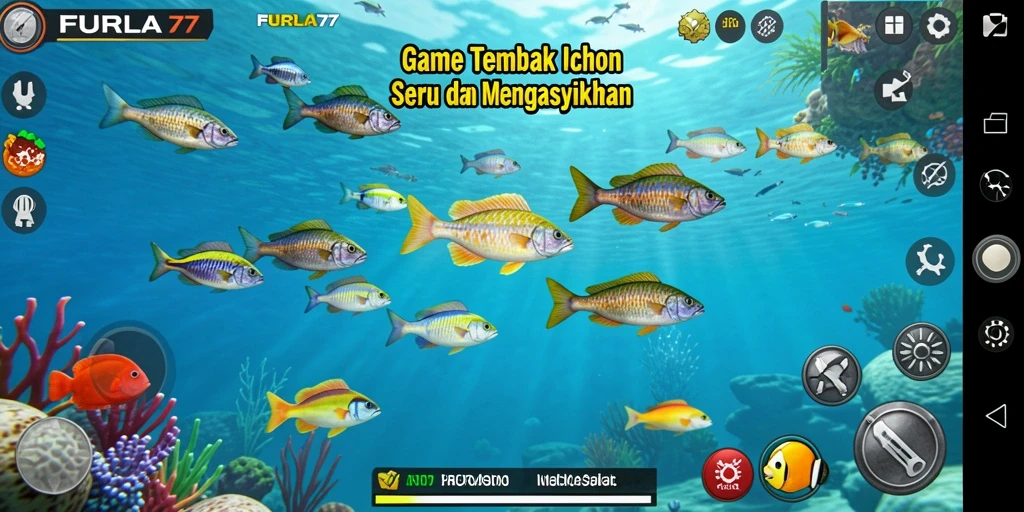 Screenshot gameplay FURLA77 menampilkan aksi seru menembak ikan.