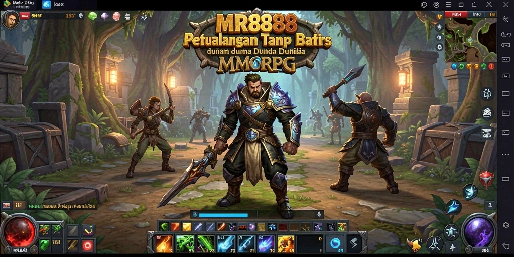 Tangkapan layar gameplay MR888 yang menggambarkan pertarungan epik di dunia MMORPG.