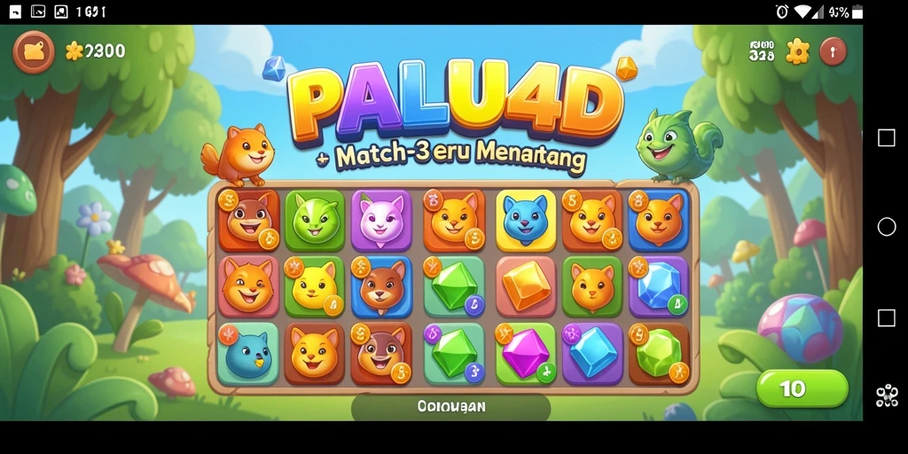 Screenshot menunjukkan gameplay menarik dalam PALU4D dengan item Match-3 yang berwarna-warni.