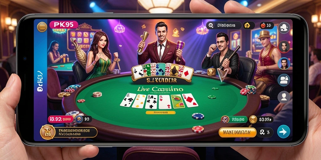 Screenshot gameplay PK95 menampilkan dealer profesional dan suasana kasino langsung yang menggembirakan.