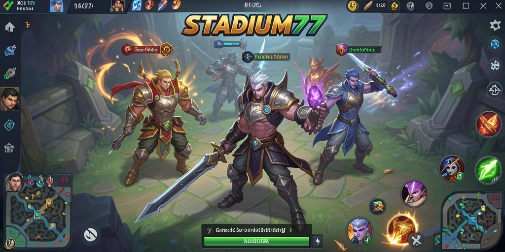 Screenshot gameplay STADIUM77 yang menunjukkan pertarungan seru di arena MOBA.