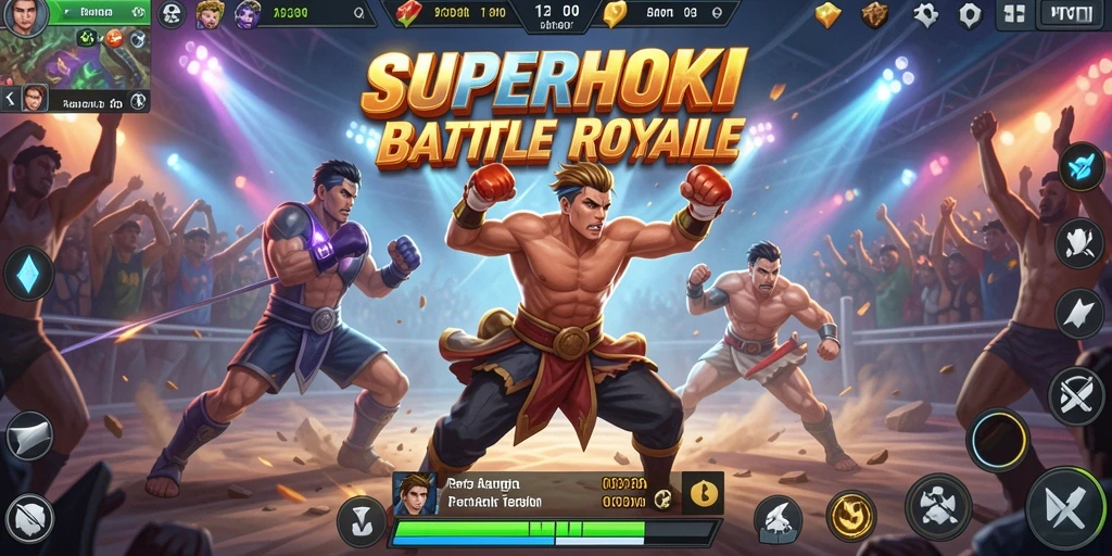 Screenshot SUPERHOKI menunjukkan aksi intens di arena Battle Royale.