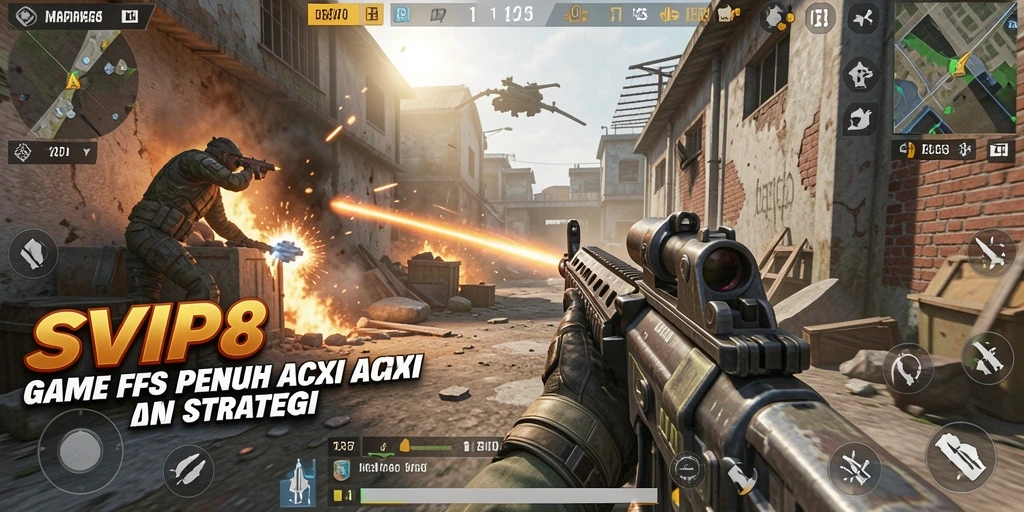 Screenshot SVIP8 menampilkan gameplay FPS yang mendebarkan dan intens.